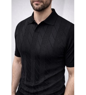 Erkek Yazlık Triko Dokuma Tişört Kısa Kol Polo Yaka T-Shirt - Siyah
