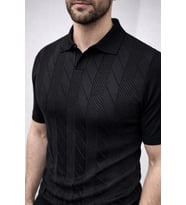Erkek Yazlık Triko Dokuma Tişört Kısa Kol Polo Yaka T-Shirt - Siyah