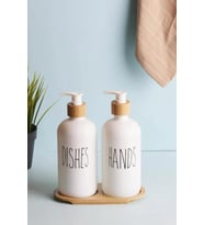 2’li Beyaz Mutfak Sıvı Sabunluk Seti 500ml+500ml Bambu Standlı