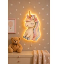 Ahşap Unicorn Duvar Lambası Pilli LED Gece Lambası Bebek Çocuk Odası-25 Yıldız Sticker Hediyeli