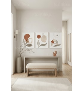 Toprak Tonlarında Bohem Minimalist 3’lü Ahşap Çerçeveli Tablo Seti
