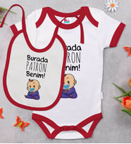 BK Kids Burada Patron Benim Tasarımlı Kırmızı Bebek Body Zıbın ve Mama Önlüğü Hediye Seti-1