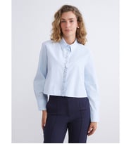 LCWAIKIKI Classic Mavi Parlak Taşlı Oversize Poplin Kadın Gömlek