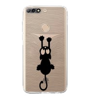 Huawei Y7 2018  Kamera korumalı Kapak Çizgi Kedi (Siyah) Tasarımlı Şeffaf Kılıf
