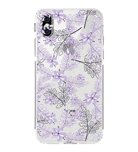 Apple iPhone XSKamera Korumalı Tıpalı Kapak Floral Lila Tasarımlı Şeffaf Kılıf