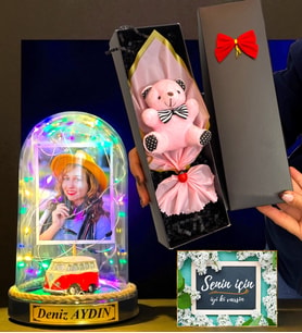 Size Özel Fotoğraflı İsimli Renkli Led Işıklı Fanus ve Kutusunda Pembe Ayıcık Buketi (Model 2)