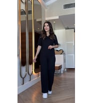 Kadın Kısa Kollu Yakalı Viskon Iki Iplik Bluz Ve Pantolon Ikili Takım
