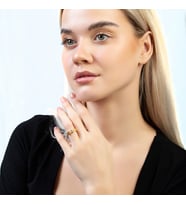 Zirkon Taşlı Kare Zincir Tasarım Gold Renk Free Size 925 Ayar Gümüş Kadın Yüzük