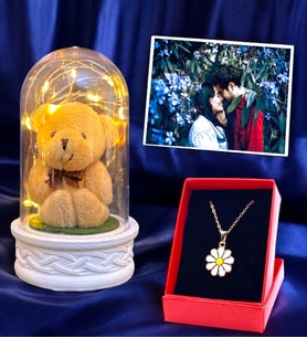 Kişiye Özel Fotoğraflı Led Işıklı Peluş Ayıcıklı Fanus  Papatya Kolyeli  Sevgiliye Hediye