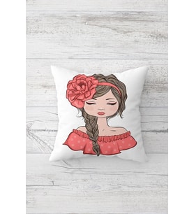 Çiçek Tokalı Fashion Girl Çift Tarafı Baskılı Gizli Fermuarlı Yastık Kılıfı Kırlent Yastık Kılıfı (Beyaz-Nar Çiçeği)