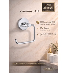 304 Paslanmaz Çelik Tuvalet Kağıtlığı – 5 Yıl Garantili – Yapışkanlı & Vidalı Montaj
