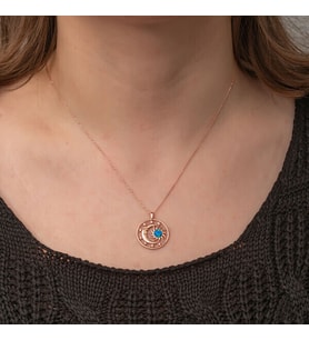 Rose Opal Mavi Taşlı Ay Yıldız 925 Ayar Gümüş Kadın Kolye