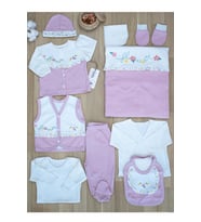 Kız Bebek Natural Pembe İşlemeli süslü Lüks 10 Lu Hastane Çıkışı Set STL6065 (Çok Renkli)