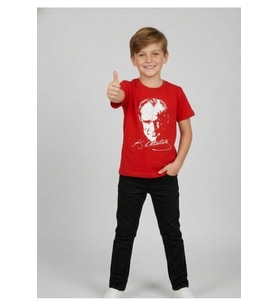 Erkek Çocuk ATATÜRK Baskılı T-Shirt Ve Siyah Keten Pantolon Takım 23Nisan 29Ekim Özel Günler