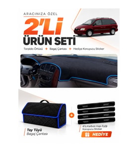 e-biz CHRYSLER GRAND VOYAGER (2002-2006) Uyumlu Torpido Örtüsü + Tay Tüyü Çanta - Siyah-Mavi - CR001
