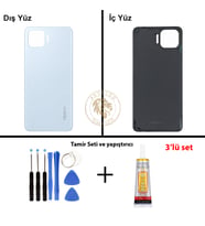 Oppo KAPAK Vida Seti + Yapıştırıcı Reno 4 Lite Açık Mavi Yapıştırıcı B-7000 Yapıştırıcı Vida Seti Arka Kapak Arka Cam Batarya Kapağı Lazer Kesim Kapak Pil Kapağı Back Cover