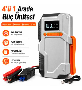 4’ü 1 Arada Akü Takviye Cihazı 12000mAh Powerbank Kompresör 150 PSI Hava Pompası LED Fenerli Taşınabilir Marş Basma Cihazı
