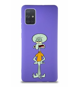 Samsung Galaxy A71 Soft Premier Kapak Squidward Dokunaç Tasarımlı Silikon Kılıf - Mor (Şeffaf)