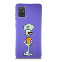Samsung Galaxy A71 Soft Premier Kapak Squidward Dokunaç Tasarımlı Silikon Kılıf - Mor (Şeffaf)