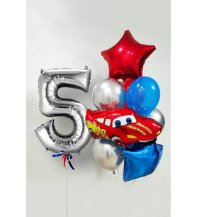 5 Yaş Şimşek Araba Temalı Balon Seti 76cm Gümüş Rakam Balonlu Yıldızlı Set