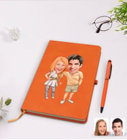 BK Gift Kişiye Özel Sevgililer Karikatürlü Turuncu Termo Deri Defter Kalem Seti Model 98