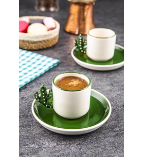Kaktüs 2 Adet El Yapımı 110 Ml Türk Kahvesi Fincanı Yeşil Tabak, Espresso, Hediyelik Fincan