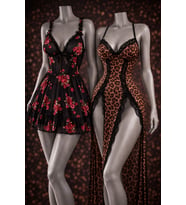 Leopar Desenli Yırtmaçlı Uzun Gecelik & Transparan Gül Detaylı Babydoll Takımı (Karışık)