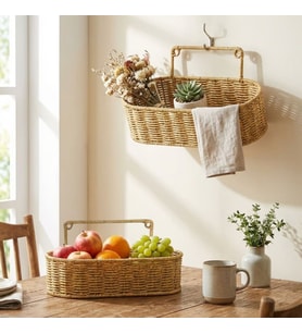 2’li Duvar Askılı Plastik Rattan Organizer – Oval Hasır Görünümlü Mutfak Raf Sepeti, Banyo ve Ev İçi Düzenleme Ünitesi (5680)
