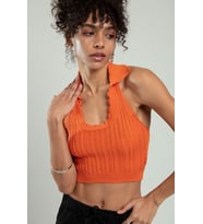 Sifu Tekstil Polo Yaka  Kadın Saç Örgülü Yuvarlak Açmalı Spor Triko Bluz Atlet Crop Top SFYZ1010 (Turuncu)