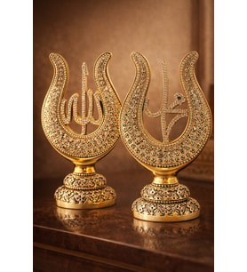 Allah & Muhammed Yazılı Lale Taşlı Gold Masa Üstü Dekor Seti – Klasik ve Asil Tasarım 22cm