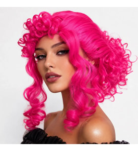 Neon Pembe Bukleli Kıvırcık Cosplay Peruğu - İçi Astarlı