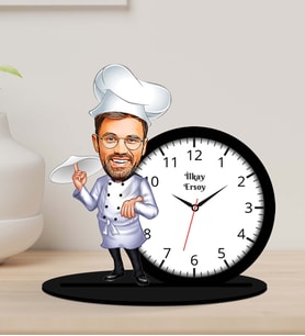 Kişiye Özel Aşçı Chef Erkek Karikatür Ahşap Biblo Masa Saati