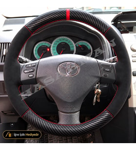 Toyota Corolla Verso AR10 Dikme Direksiyon Kılıfı Alcantara Süet Mat Karbon Kırmızı Yüzük ve Dikiş Comfort-Elegant-Kollu Tipler 2004-2007