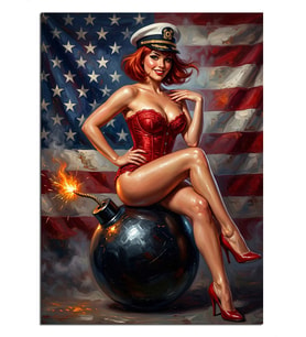 Bomba Üzerinde Oturan ve Kırmızı Mayolu ve Amerikan Bayraklı Pin-up Kadın Dekoratif Kanvas - Mdf Ahşap Tablo