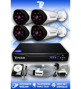 PICAM 4 Kameralı Uzay 4 Dış Kamera Set 500 GB HDD Full HD Gece Görüşlü Güvenlik Kamerası Sistemi