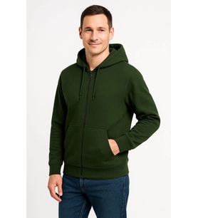 Erkek Üç İplik Kapüşonlu Tam Fermuarlı Kanguru Çepli SweatShirt Hoodie - Haki