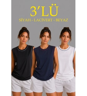3’lü Kolsuz Sporcu Atlet Seti Yazlık Bisiklet Yaka - Siyah, Lacivert, Beyaz