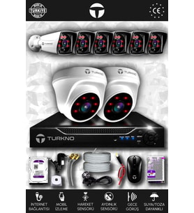 TURKNO 8 Kameralı Karia 2 İç Kamera Set 500 GB HDD Full HD Gece Görüşlü Güvenlik Kamerası Sistemi