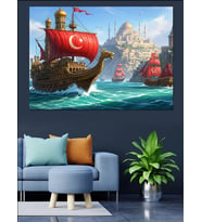 Türk Bayraklı Tarihi Gemi Dekoratif Kanvas - Mdf Ahşap Tablo