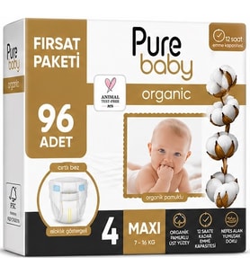 Pure Baby Organik Bebek Bezi 4 Beden 7-16 KG Maxi 96 Adet Ekonomik Fırsat Pk