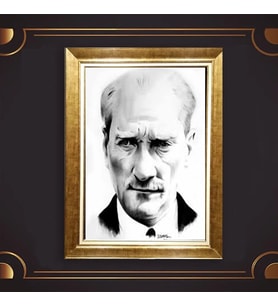 Altın Varaklı Çerçeveli Paspartulu Atatürk Tablo z5159 (Gold)