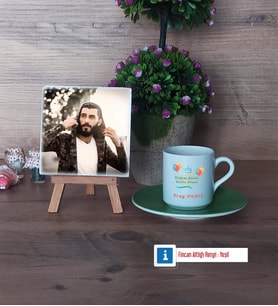 Doğum Günü Hediyesi Fotoğraflı Dekoratif Taş, Ahşap Altlıklı Türk Kahvesi Fincanı Hediye (Model 9)
