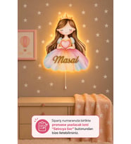 Ahşap Prenses Duvar Lambası - Çocuğun İsmine Özel Pilli LED Gece Lambası Bebek Çocuk Odası-Yıldız Sticker Hediyeli