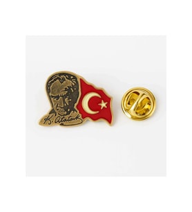 Atatürk ve Dalgalı Türk Bayrağı Gold Rozet  Parlak Metal Yaka Rozeti