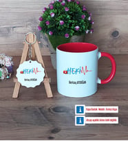 Hekim Kupa Bardak Kırmızı ve Ahşap Anahtarlık Hediye (Model 1)