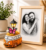 Kişiye Özel Karakalem Fotoğraflı Ahşap Çerçeveli Turuncu Vosvos Minibüs Masa Lambası