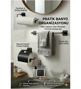 3'lü Siyah Kare Yapışkanlı Banyo Seti