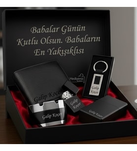 İsme Özel Hakiki Deri Cüzdan Kartlık Çakmak Anahtarlık Küllük Sgara Kutusu Erkek Hediye Seti - Babaya Arkadaşa Eşe Sevgiliye Hediye Seti