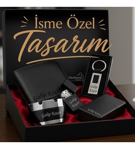 İsme Özel Hakiki Deri Cüzdan Kartlık Çakmak Anahtarlık Küllük Sgara Kutusu Erkek Hediye Seti - Babaya Arkadaşa Eşe Sevgiliye Hediye Seti