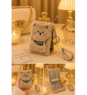 Sevimli Kedicik Figürlü Peluş Cep Aynası Anahtarlık – Kawaii Bag Charm Çanta Süsü- kahve